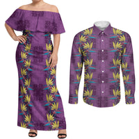 Hawaii Waikiki King Couples Matching Off Shoulder Maxi Dress and Long Sleeve Button Shirt Purple Quilt With Pua Manu LT05 Purple - Polynesian Pride