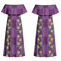 Hawaii Waikiki King Couples Matching Off Shoulder Maxi Dress and Long Sleeve Button Shirt Purple Quilt With Pua Manu LT05 - Polynesian Pride