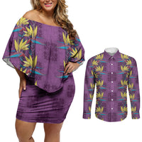 Hawaii Waikiki King Couples Matching Off Shoulder Short Dress and Long Sleeve Button Shirt Purple Quilt With Pua Manu LT05 Purple - Polynesian Pride