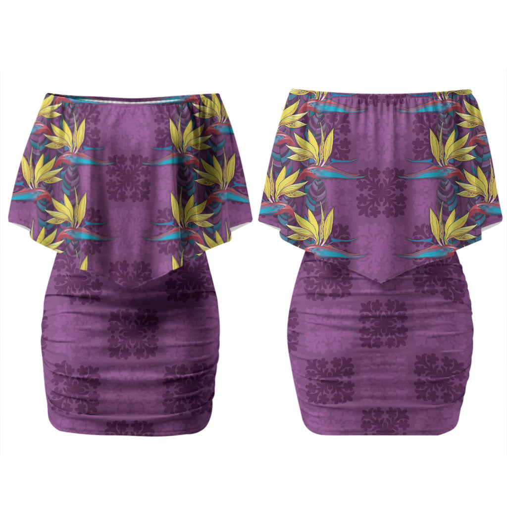 Hawaii Waikiki King Couples Matching Off Shoulder Short Dress and Long Sleeve Button Shirt Purple Quilt With Pua Manu LT05 - Polynesian Pride