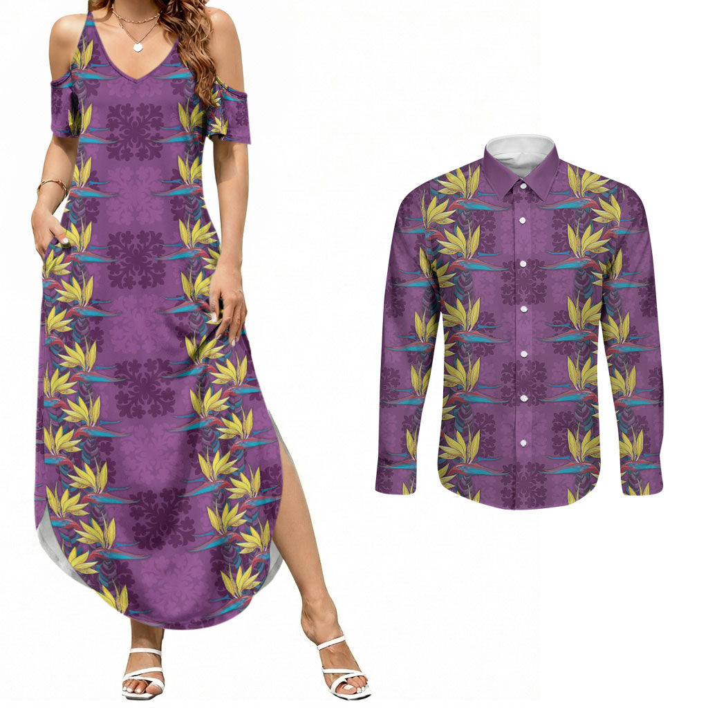 Hawaii Waikiki King Couples Matching Summer Maxi Dress and Long Sleeve Button Shirt Purple Quilt With Pua Manu LT05 Purple - Polynesian Pride
