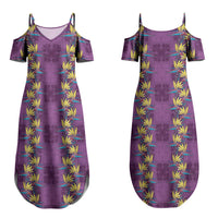 Hawaii Waikiki King Couples Matching Summer Maxi Dress and Long Sleeve Button Shirt Purple Quilt With Pua Manu LT05 - Polynesian Pride