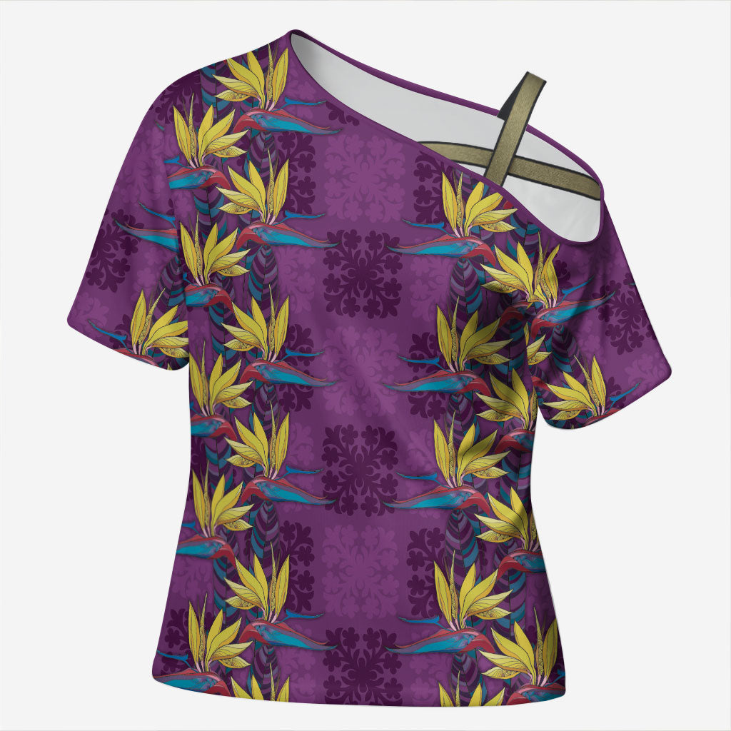 Hawaii Waikiki King Cross Shoulder Shirt Purple Quilt With Pua Manu LT05 Female Purple - Polynesian Pride