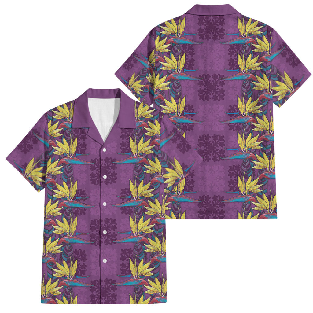 Hawaii Waikiki King Family Matching Puletasi and Hawaiian Shirt Purple Quilt With Pua Manu LT05 Dad's Shirt - Short Sleeve Purple - Polynesian Pride