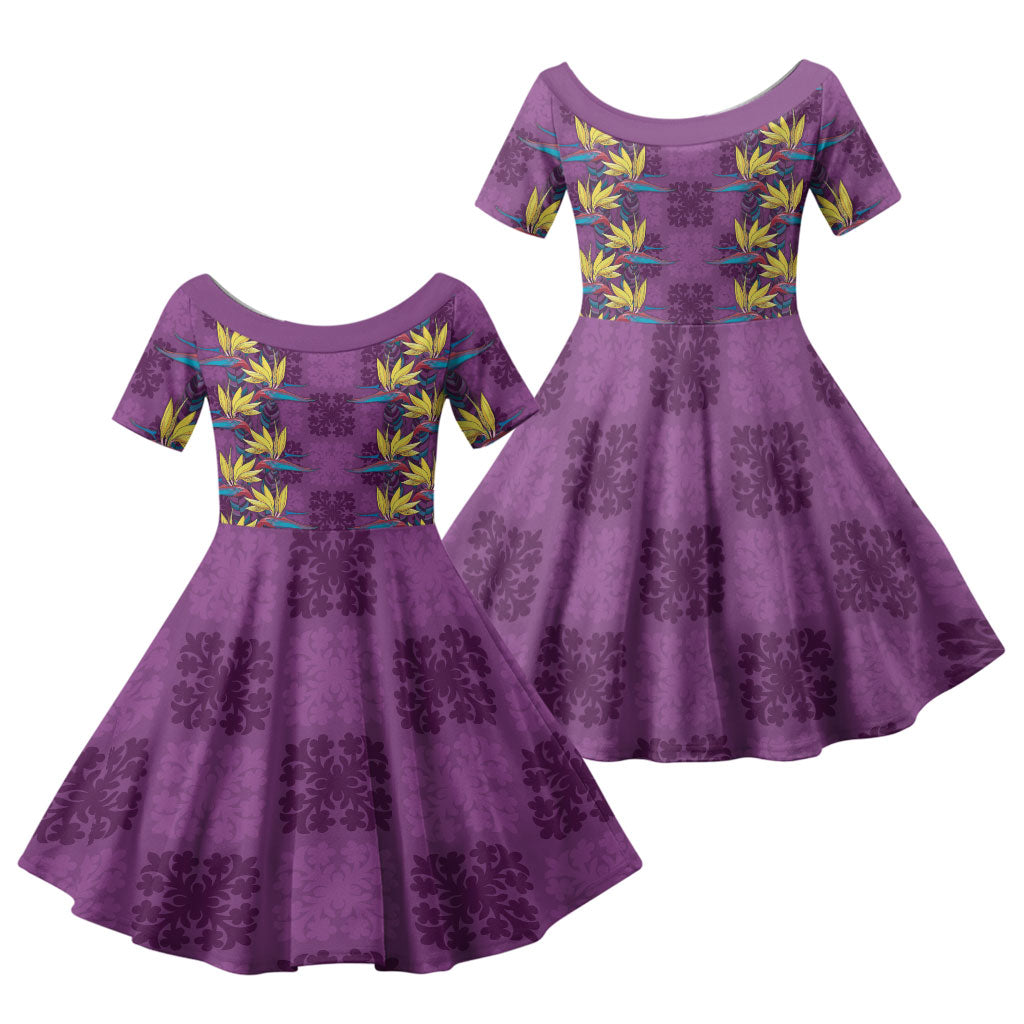 Hawaii Waikiki King Family Matching Puletasi and Hawaiian Shirt Purple Quilt With Pua Manu LT05 Daughter's Dress Purple - Polynesian Pride