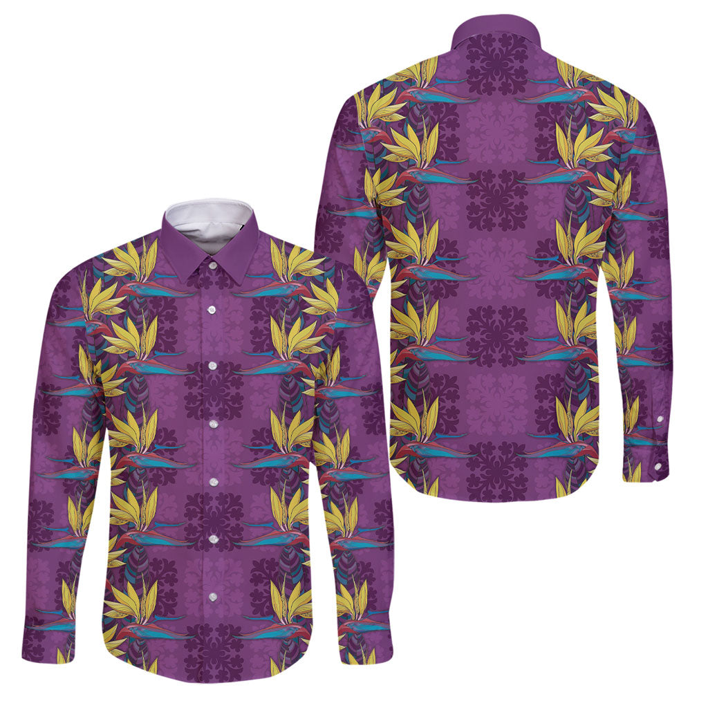 Hawaii Waikiki King Family Matching Short Sleeve Bodycon Dress and Hawaiian Shirt Purple Quilt With Pua Manu LT05 Dad's Shirt - Long Sleeve Purple - Polynesian Pride