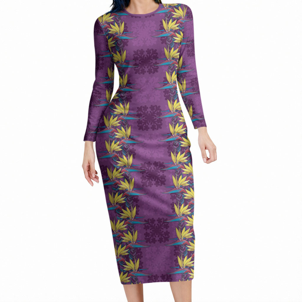 Hawaii Waikiki King Long Sleeve Bodycon Dress Purple Quilt With Pua Manu LT05 Long Dress Purple - Polynesian Pride