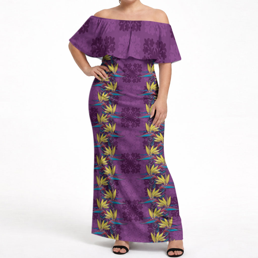 Hawaii Waikiki King Off Shoulder Maxi Dress Purple Quilt With Pua Manu LT05 Women Purple - Polynesian Pride