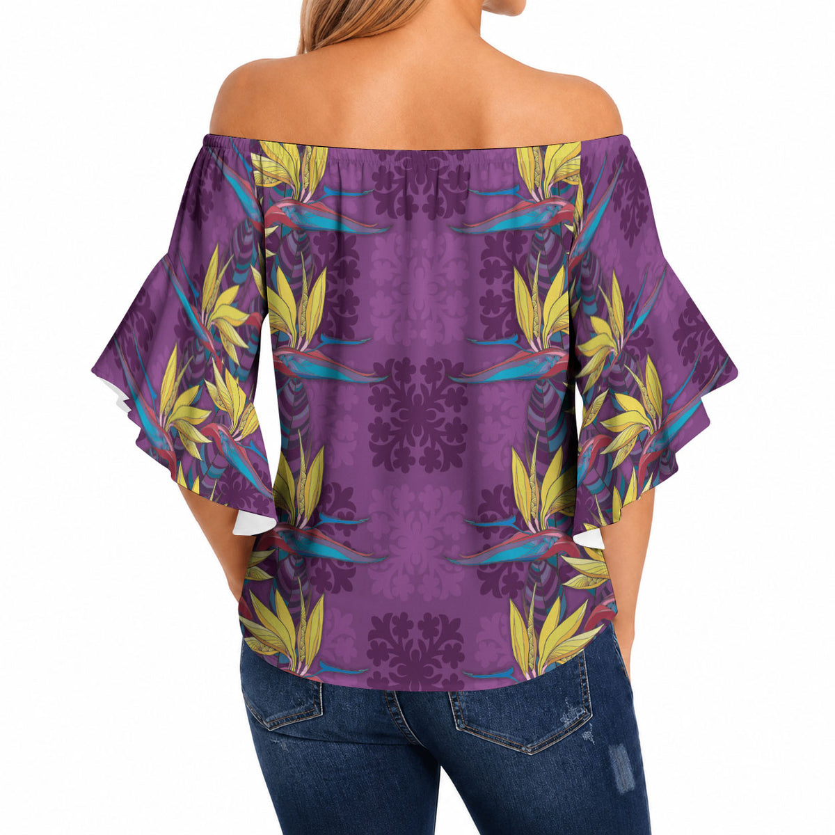 Hawaii Waikiki King Off Shoulder Wrap Waist Top Purple Quilt With Pua Manu LT05 - Polynesian Pride