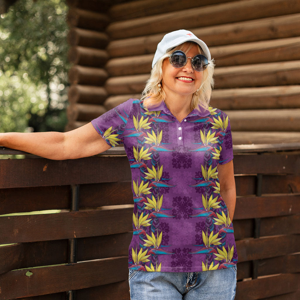 Hawaii Waikiki King Women Polo Shirt Purple Quilt With Pua Manu LT05 - Polynesian Pride
