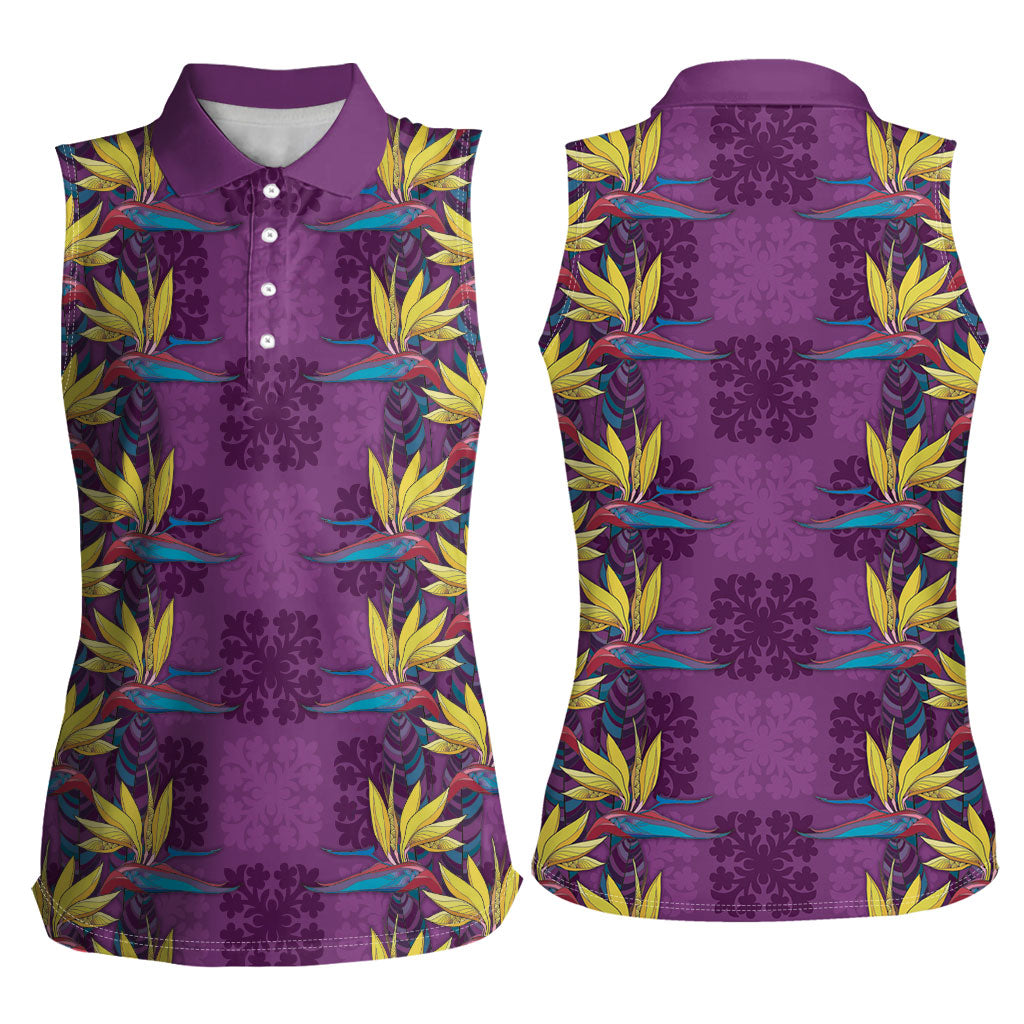 Hawaii Waikiki King Women Sleeveless Polo Shirt Purple Quilt With Pua Manu LT05 - Polynesian Pride