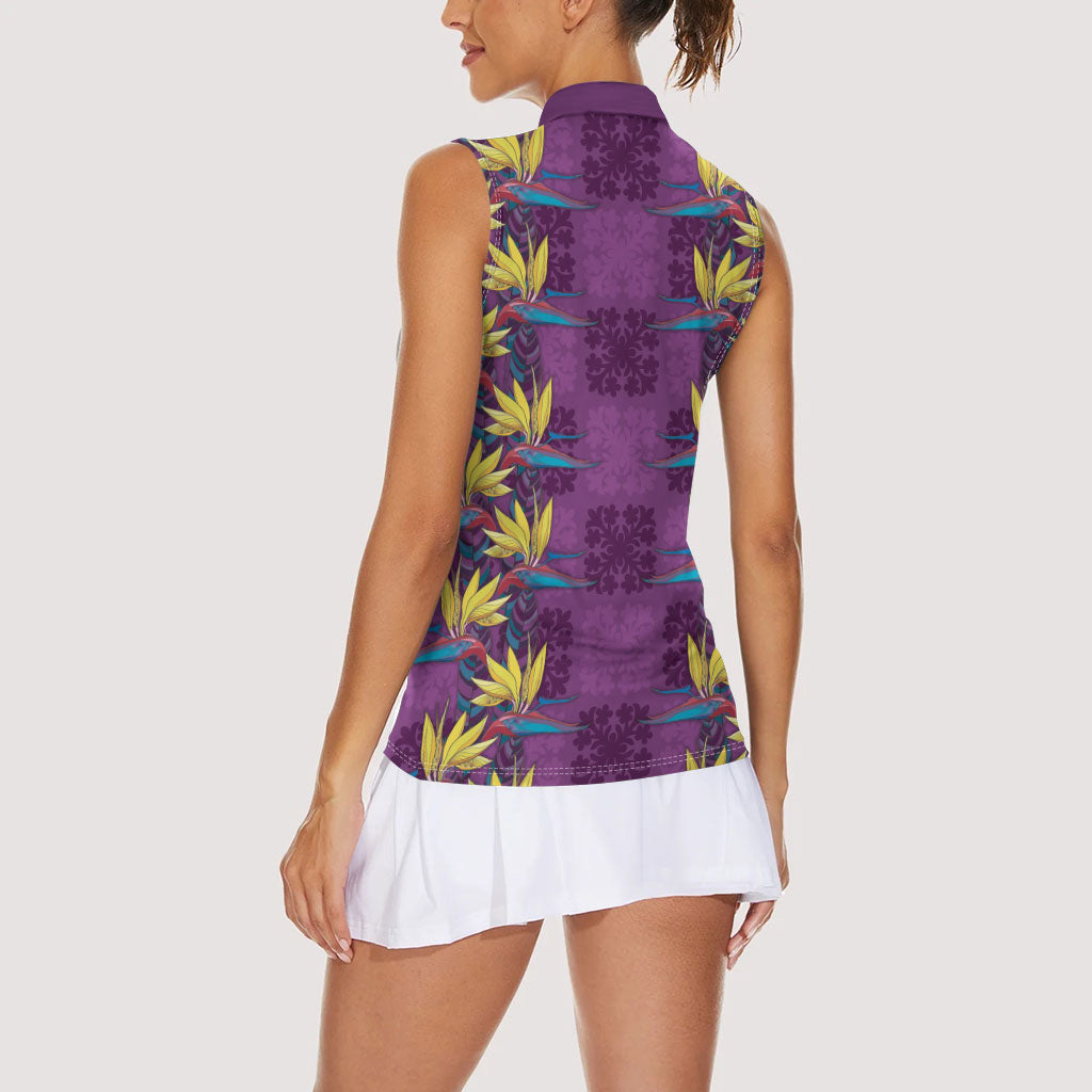 Hawaii Waikiki King Women Sleeveless Polo Shirt Purple Quilt With Pua Manu LT05 - Polynesian Pride