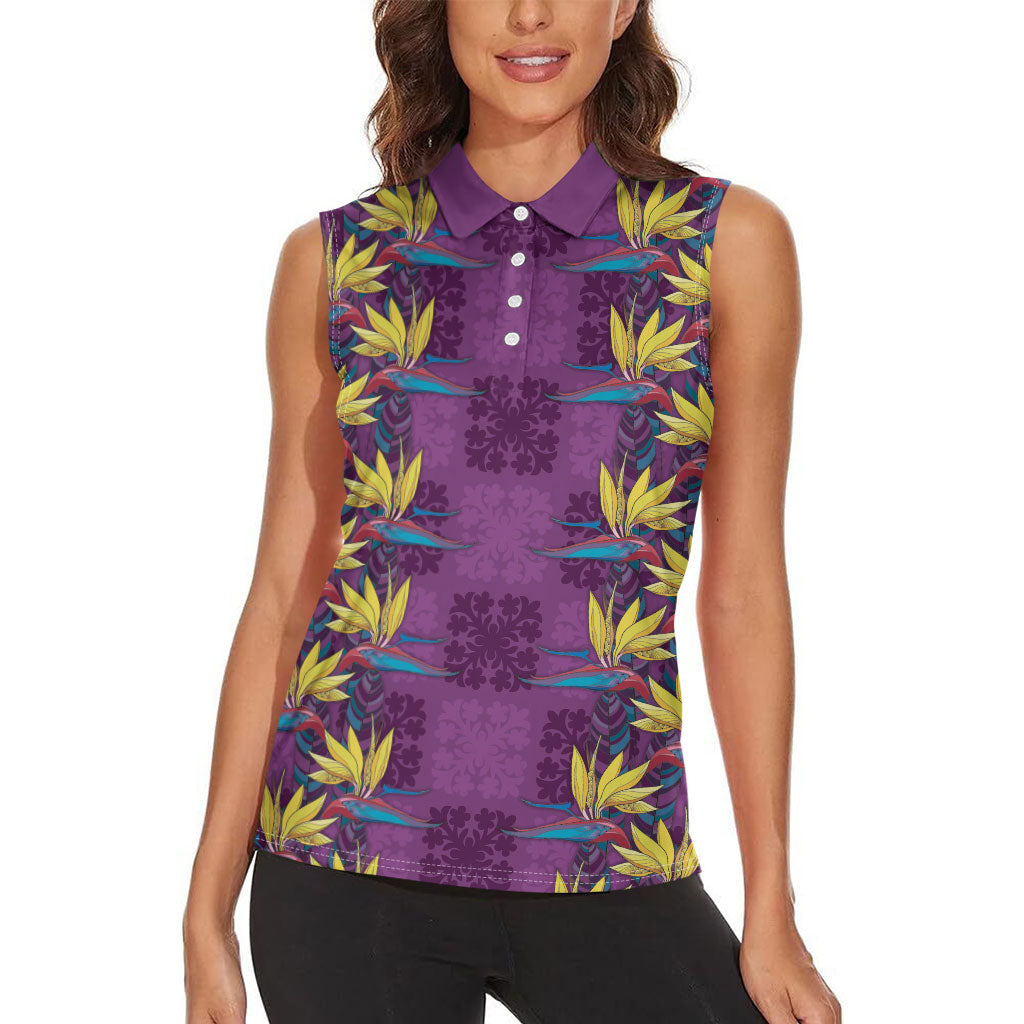 Hawaii Waikiki King Women Sleeveless Polo Shirt Purple Quilt With Pua Manu LT05 - Polynesian Pride