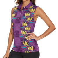 Hawaii Waikiki King Women Sleeveless Polo Shirt Purple Quilt With Pua Manu LT05 - Polynesian Pride