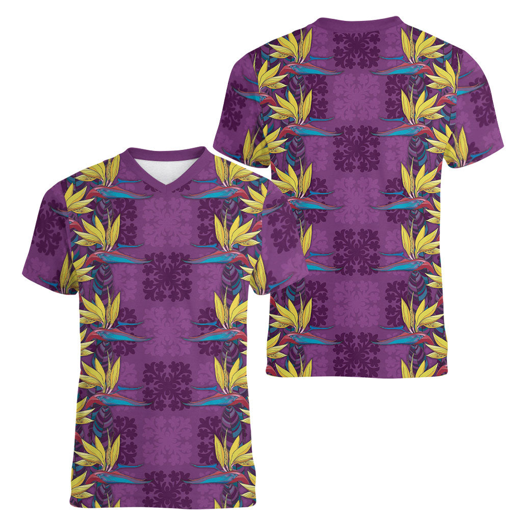 Hawaii Waikiki King Women V-Neck T-Shirt Purple Quilt With Pua Manu LT05 - Polynesian Pride