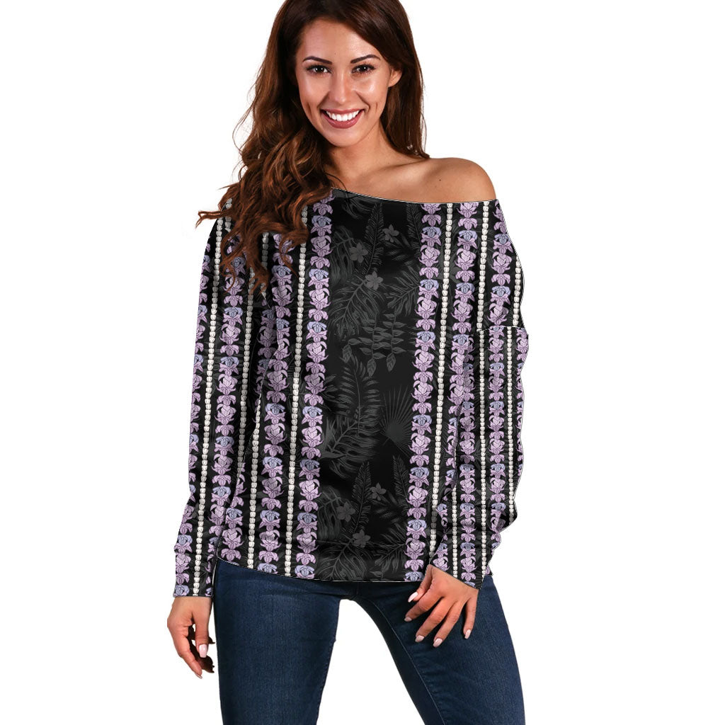 Hawaii Queen Liliuokalani Off Shoulder Sweater Hawaiian Lei Pua Kalaunu LT05 Women Black - Polynesian Pride