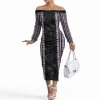 Hawaii Queen Liliuokalani Off The Shoulder Long Sleeve Dress Hawaiian Lei Pua Kalaunu LT05 Women Black - Polynesian Pride