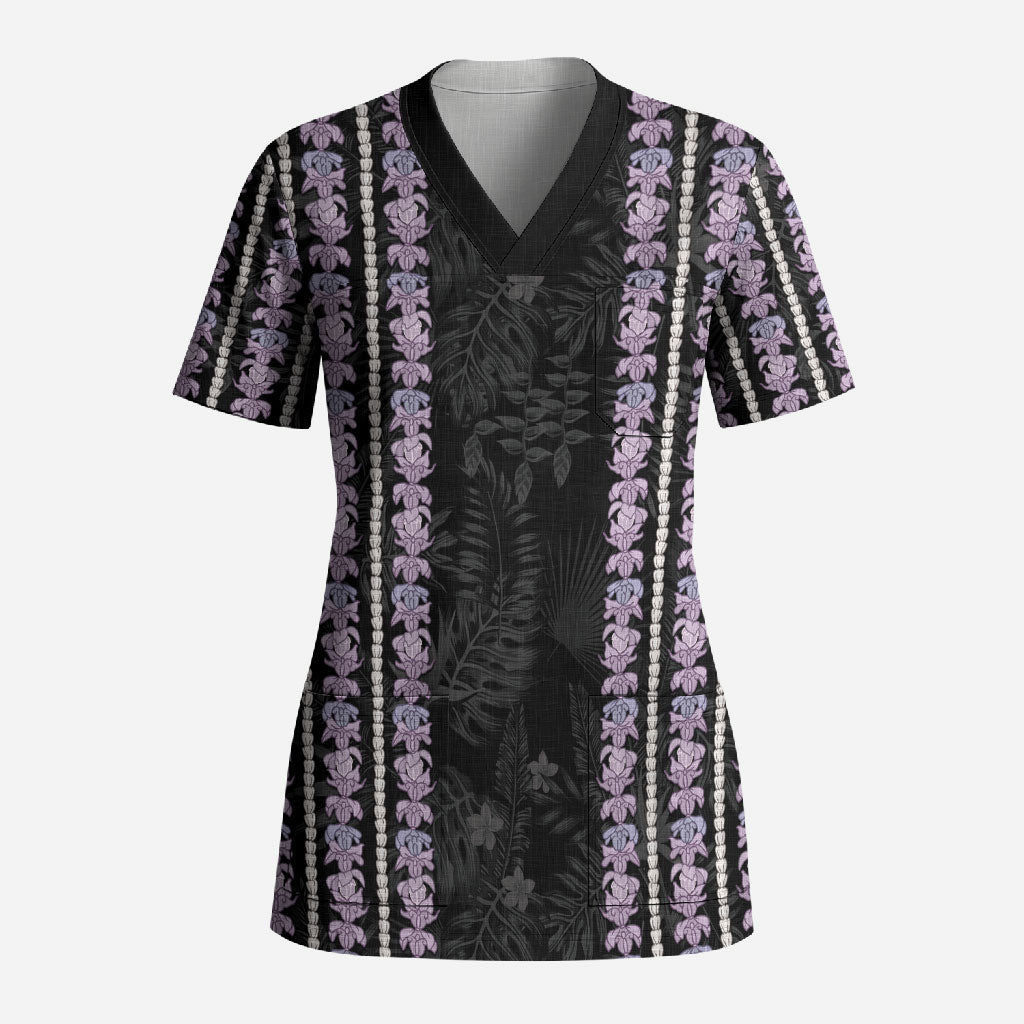 Hawaii Queen Liliuokalani Scrub Top Hawaiian Lei Pua Kalaunu LT05 Adult Black - Polynesian Pride