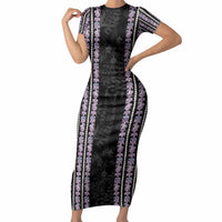 Hawaii Queen Liliuokalani Short Sleeve Bodycon Dress Hawaiian Lei Pua Kalaunu LT05 Long Dress Black - Polynesian Pride