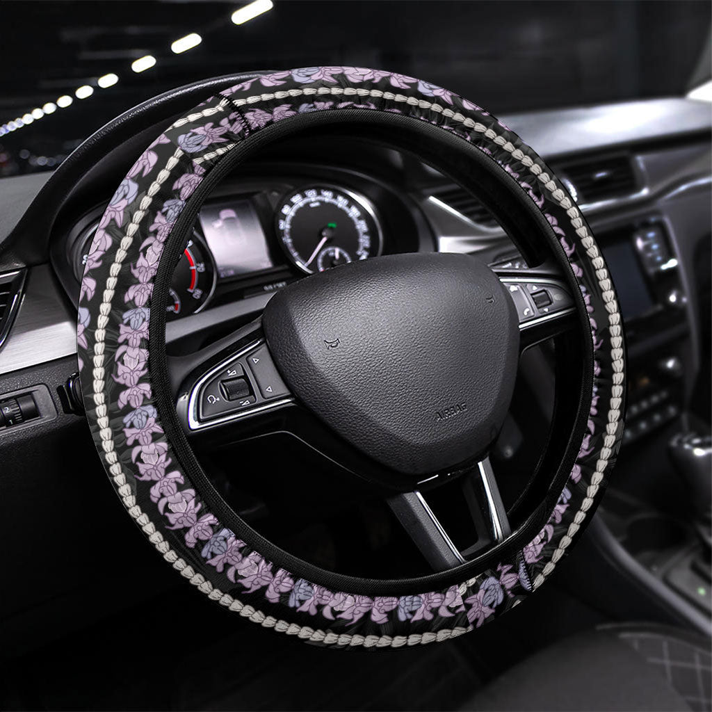 Hawaii Queen Liliuokalani Steering Wheel Cover Hawaiian Lei Pua Kalaunu LT05 Universal Fit Black - Polynesian Pride