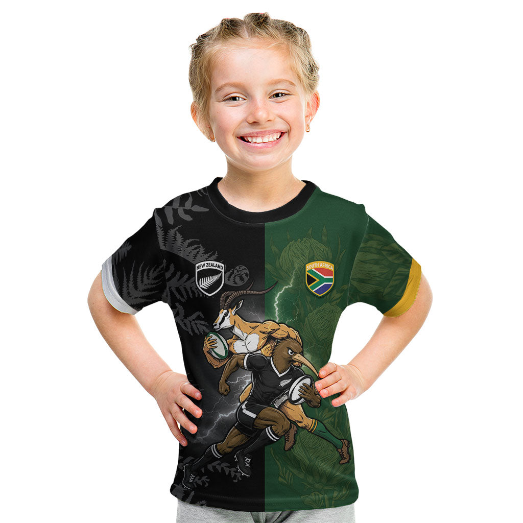 Custom South Africa And New Zealand Kid T Shirt Springboks And Kiwis Rugby Rivalry