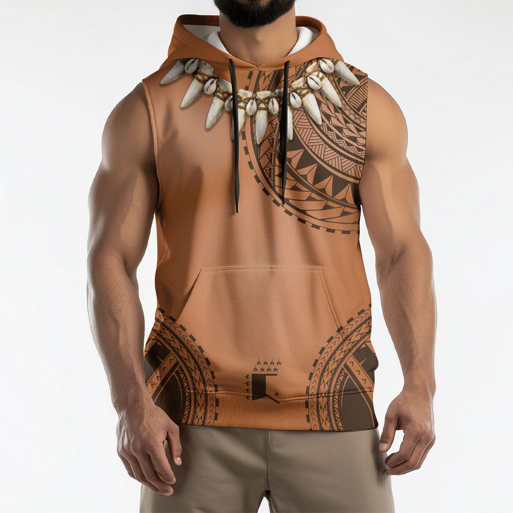 Polynesian Chief Inspired Costume Sleeveless Hoodie Tribal Pattern With Tooth Necklace