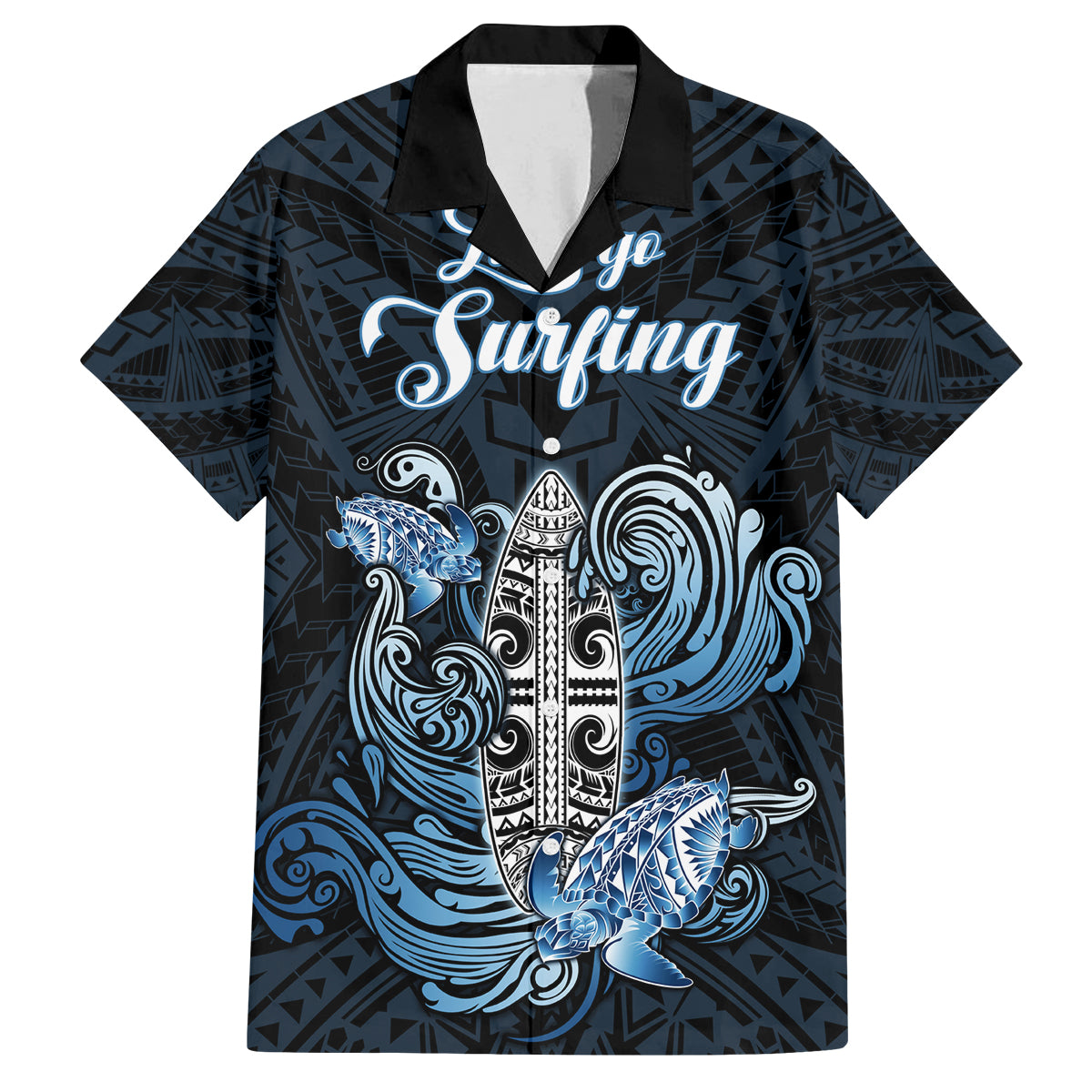 Personalised Polynesia Go Surfing Family Matching Puletasi Dress and Hawaiian Shirt The Pacific Wave Of Water LT05 Dad's Shirt - Short Sleeve Blue - Polynesian Pride