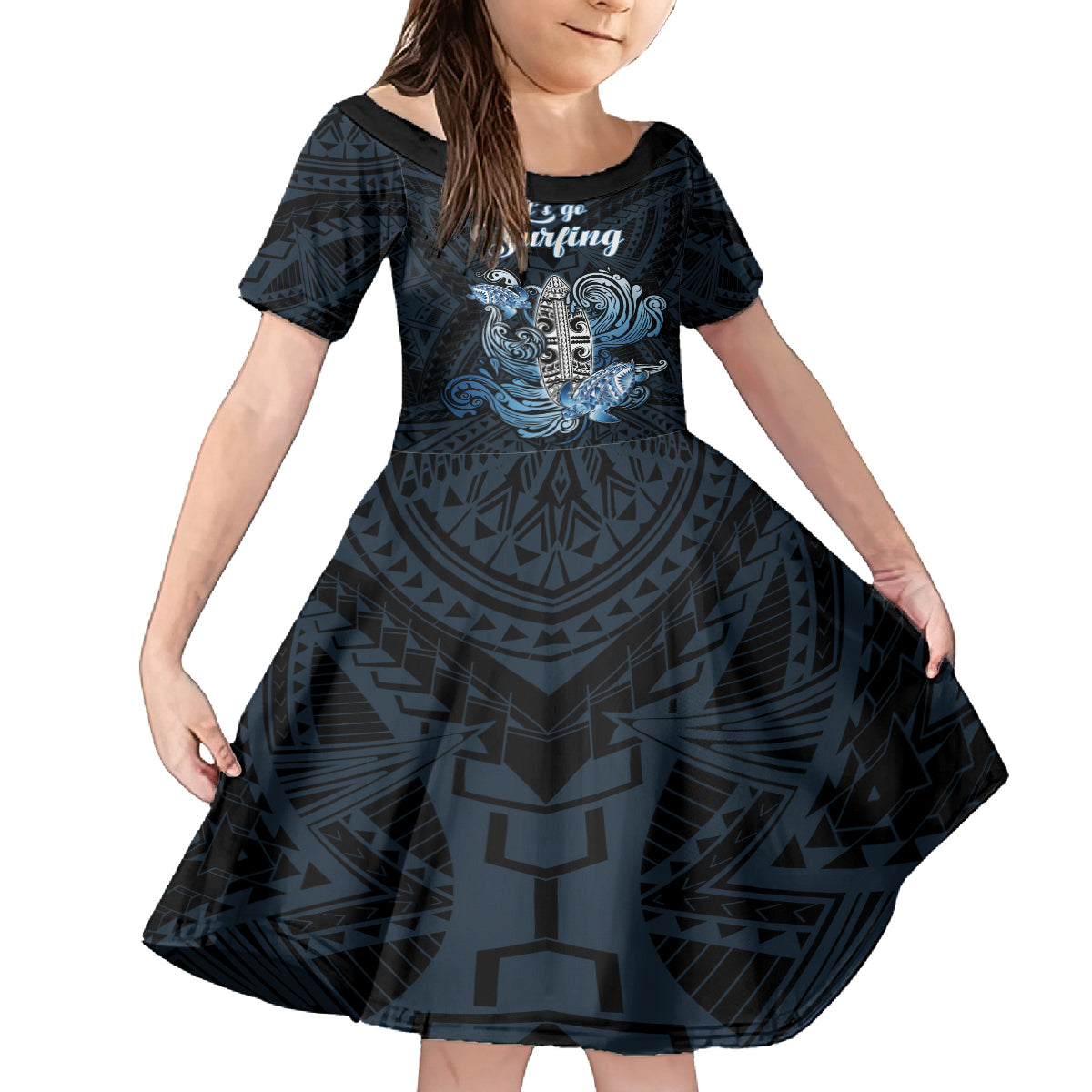 Personalised Polynesia Go Surfing Family Matching Tank Maxi Dress and Hawaiian Shirt The Pacific Wave Of Water LT05 Daughter's Dress Blue - Polynesian Pride