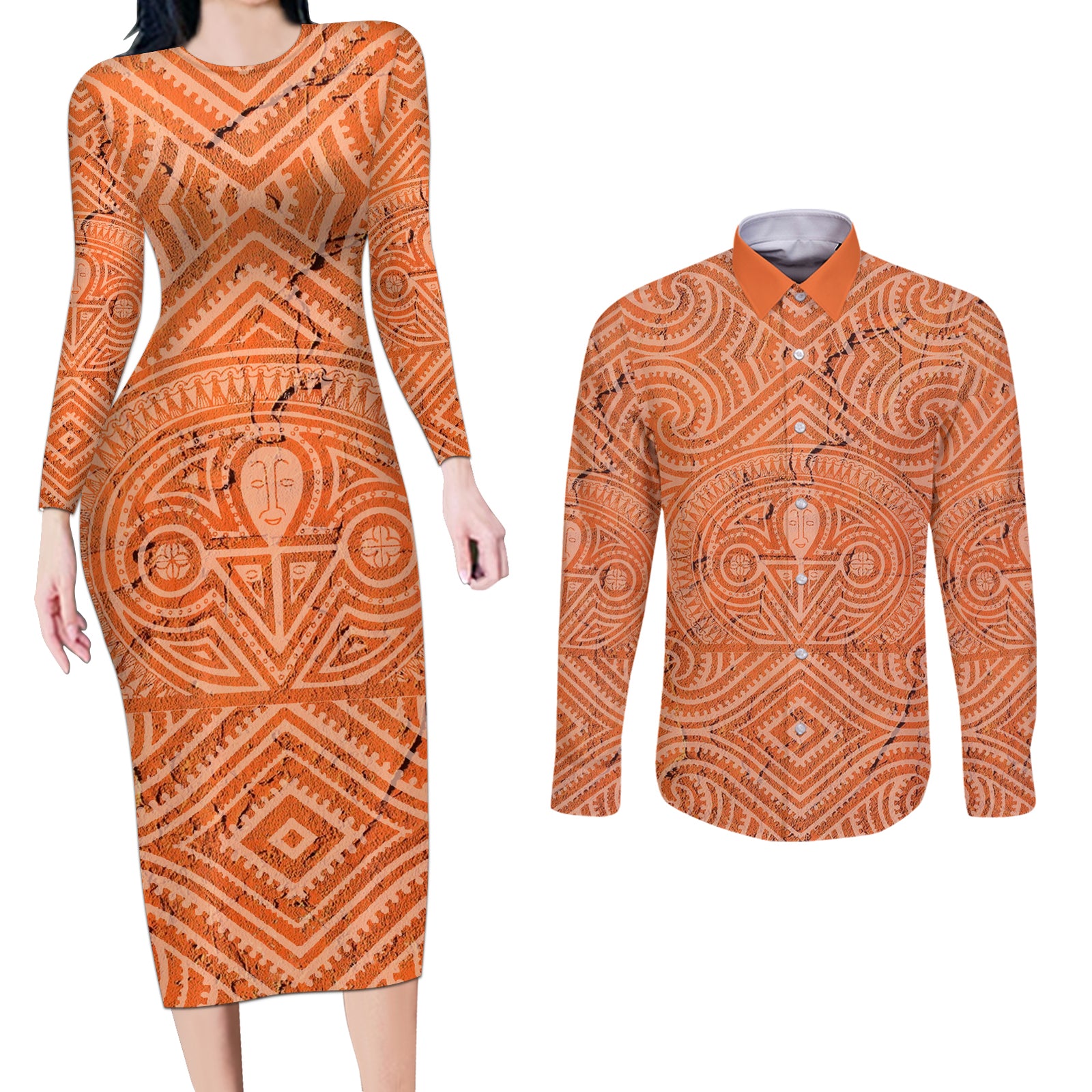 Personalised Lapita Culture Couples Matching Long Sleeve Bodycon Dress and Long Sleeve Button Shirt Iconic Double Face Pattern LT05 Brown - Polynesian Pride