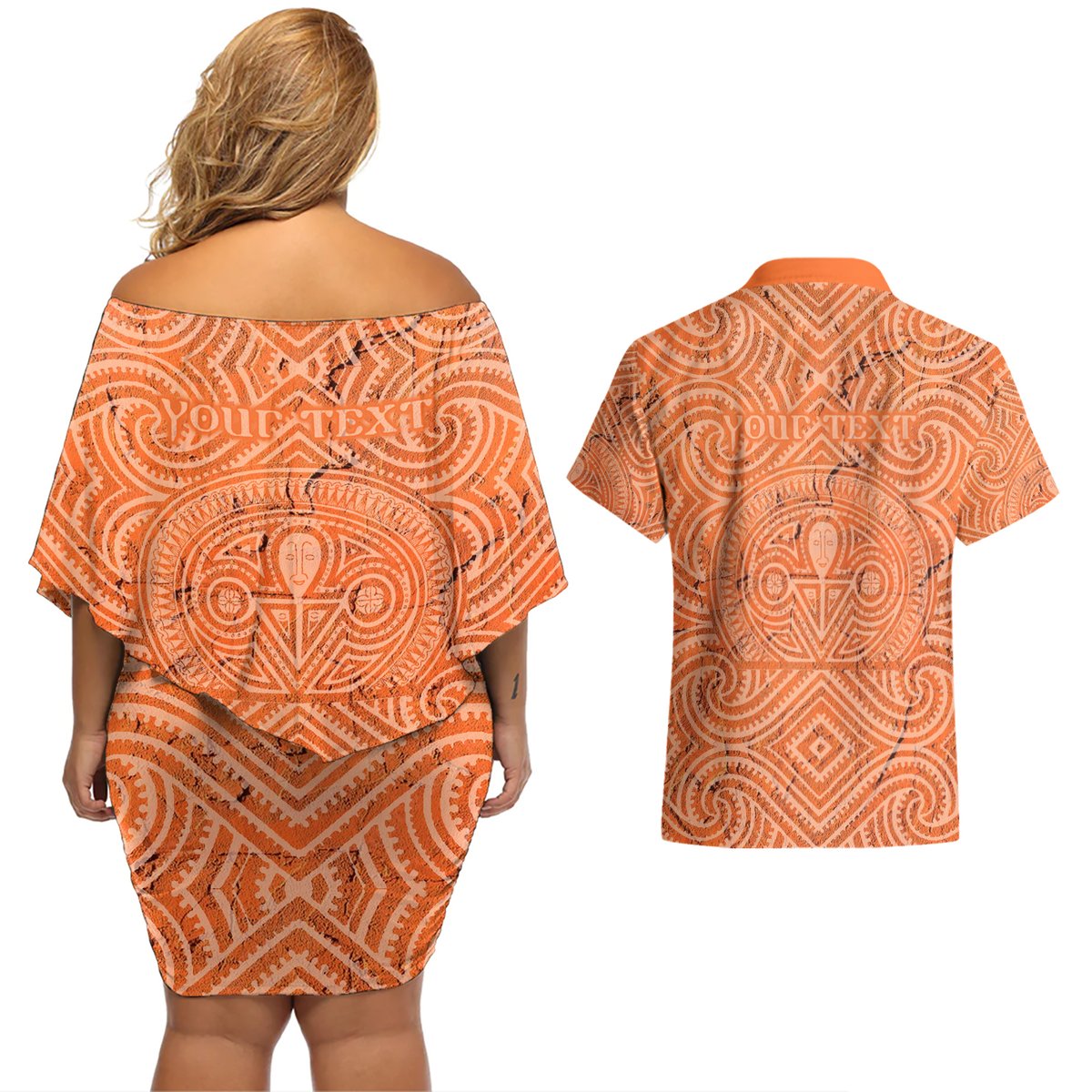 Personalised Lapita Culture Couples Matching Off Shoulder Short Dress and Hawaiian Shirt Iconic Double Face Pattern LT05 - Polynesian Pride