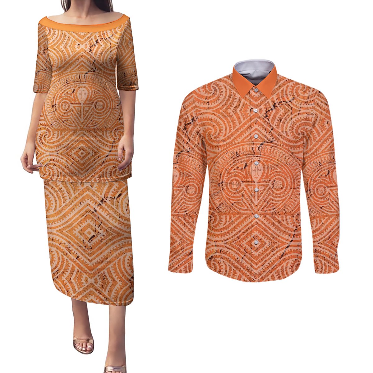 Personalised Lapita Culture Couples Matching Puletasi Dress and Long Sleeve Button Shirt Iconic Double Face Pattern LT05 Brown - Polynesian Pride