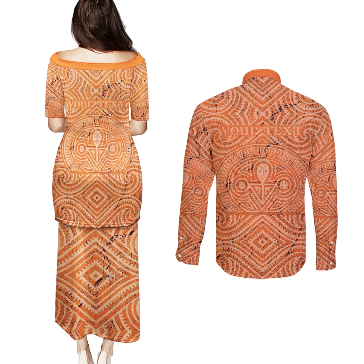 Personalised Lapita Culture Couples Matching Puletasi Dress and Long Sleeve Button Shirt Iconic Double Face Pattern LT05 - Polynesian Pride