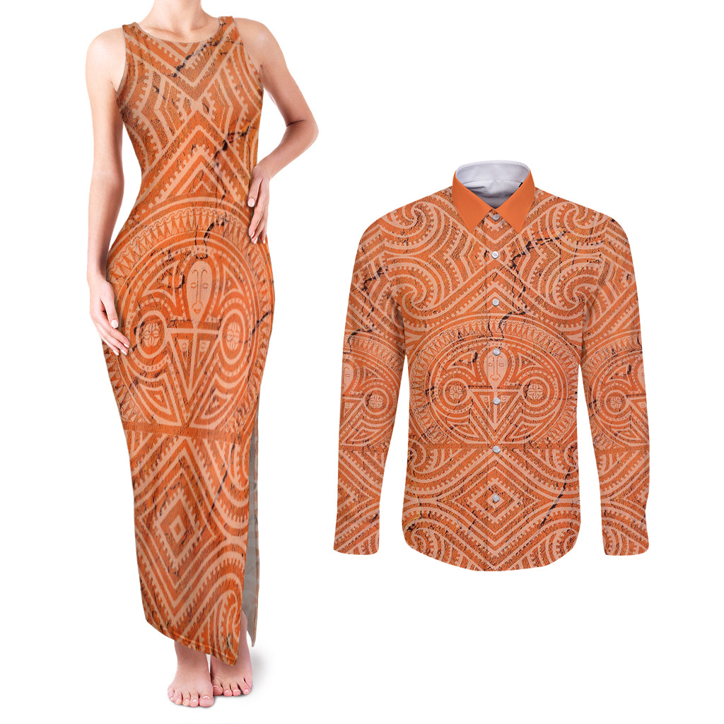 Personalised Lapita Culture Couples Matching Tank Maxi Dress and Long Sleeve Button Shirt Iconic Double Face Pattern LT05 Brown - Polynesian Pride