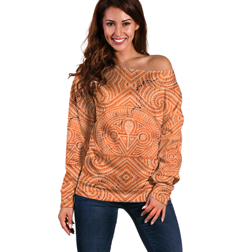Personalised Lapita Culture Off Shoulder Sweater Iconic Double Face Pattern LT05 Women Brown - Polynesian Pride
