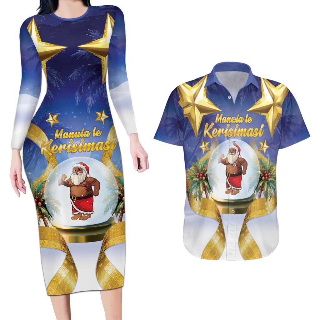 Samoa Christmas Couples Matching Long Sleeve Bodycon Dress and Hawaiian Shirt Snow Globe With Samoan Santa LT05 Navy - Polynesian Pride