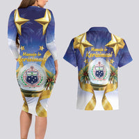 Samoa Christmas Couples Matching Long Sleeve Bodycon Dress and Hawaiian Shirt Snow Globe With Samoan Santa LT05 - Polynesian Pride