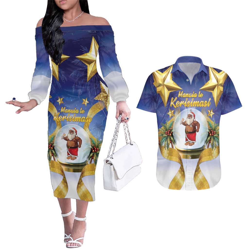 Samoa Christmas Couples Matching Off The Shoulder Long Sleeve Dress and Hawaiian Shirt Snow Globe With Samoan Santa LT05 Navy - Polynesian Pride