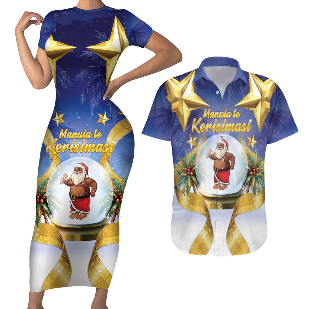 Samoa Christmas Couples Matching Short Sleeve Bodycon Dress and Hawaiian Shirt Snow Globe With Samoan Santa LT05 Navy - Polynesian Pride