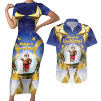 Samoa Christmas Couples Matching Short Sleeve Bodycon Dress and Hawaiian Shirt Snow Globe With Samoan Santa LT05 Navy - Polynesian Pride