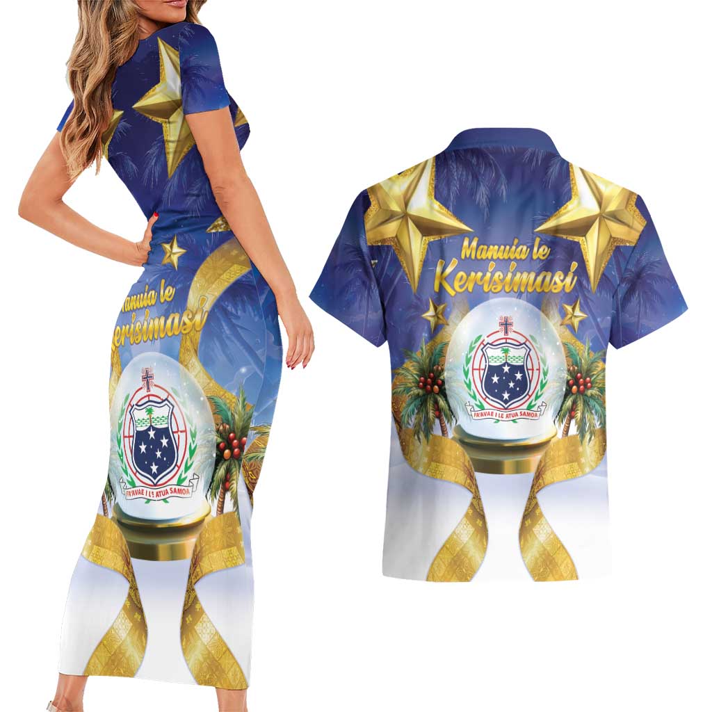Samoa Christmas Couples Matching Short Sleeve Bodycon Dress and Hawaiian Shirt Snow Globe With Samoan Santa LT05 - Polynesian Pride
