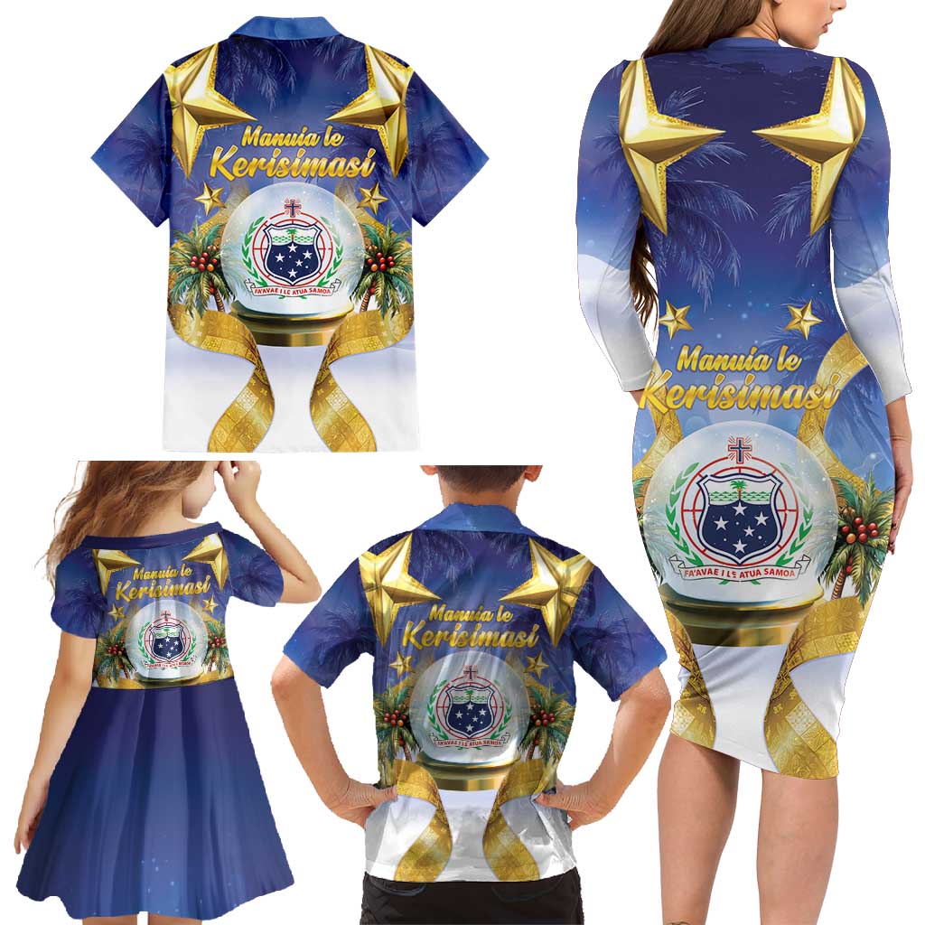 Samoa Christmas Family Matching Long Sleeve Bodycon Dress and Hawaiian Shirt Snow Globe With Samoan Santa LT05 - Polynesian Pride