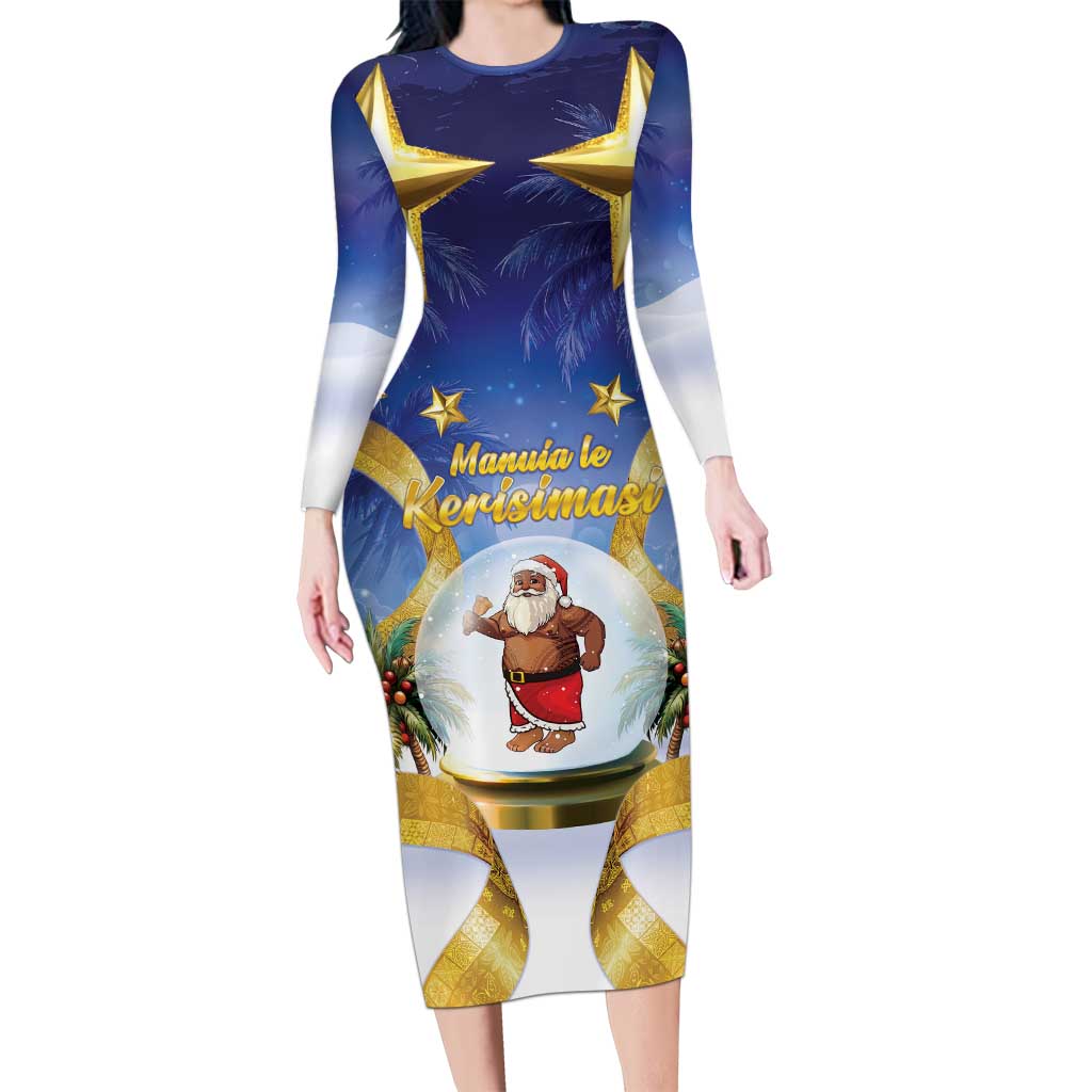 Samoa Christmas Family Matching Long Sleeve Bodycon Dress and Hawaiian Shirt Snow Globe With Samoan Santa LT05 Mom's Dress Navy - Polynesian Pride