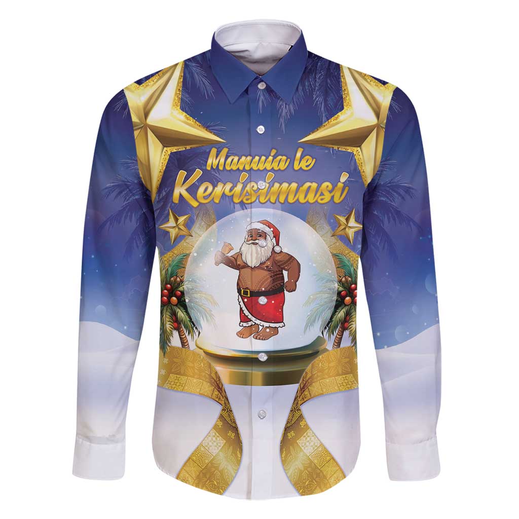 Samoa Christmas Family Matching Mermaid Dress and Hawaiian Shirt Snow Globe With Samoan Santa LT05 Dad's Shirt - Long Sleeve Navy - Polynesian Pride