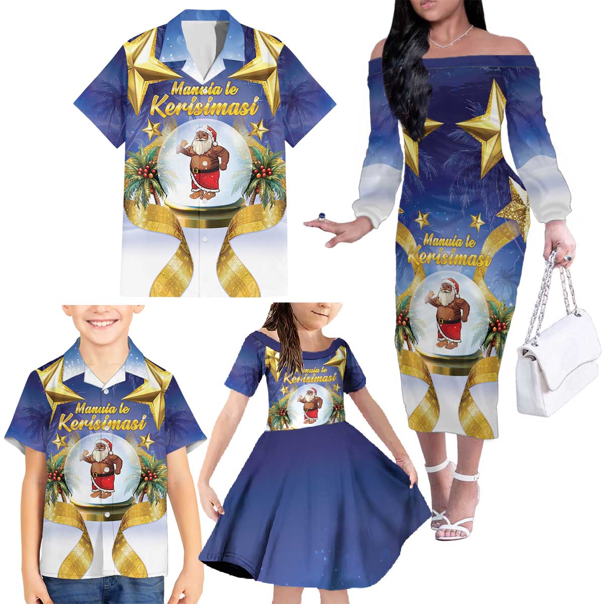 Samoa Christmas Family Matching Off The Shoulder Long Sleeve Dress and Hawaiian Shirt Snow Globe With Samoan Santa LT05 - Polynesian Pride