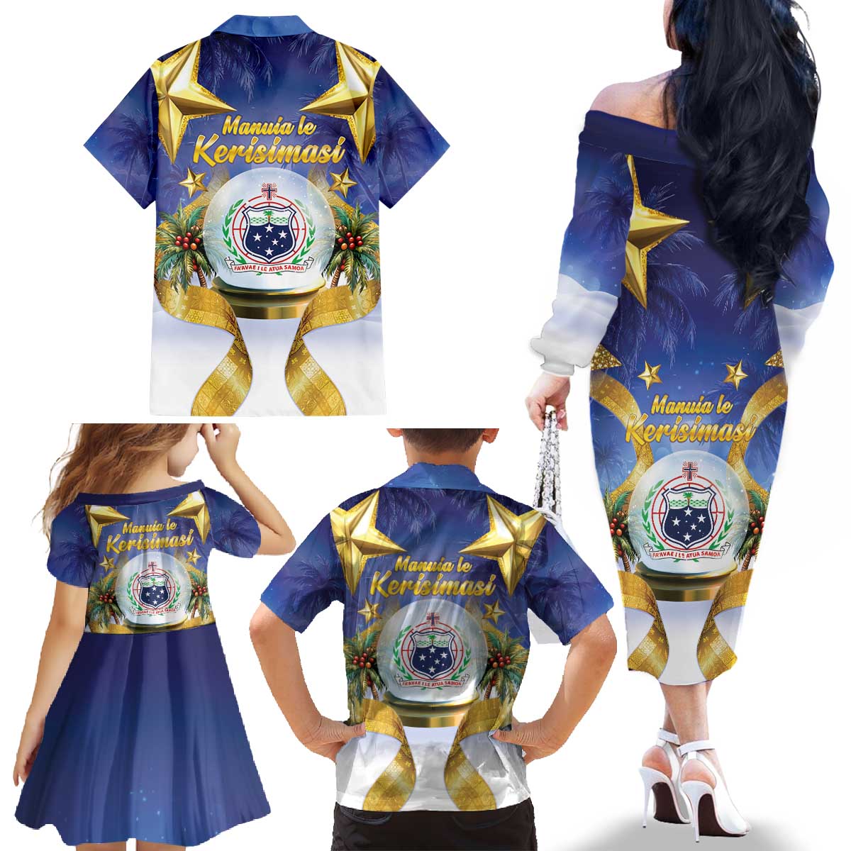 Samoa Christmas Family Matching Off The Shoulder Long Sleeve Dress and Hawaiian Shirt Snow Globe With Samoan Santa LT05 - Polynesian Pride