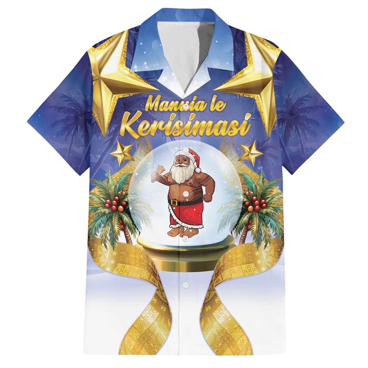 Samoa Christmas Family Matching Off The Shoulder Long Sleeve Dress and Hawaiian Shirt Snow Globe With Samoan Santa LT05 Dad's Shirt - Short Sleeve Navy - Polynesian Pride