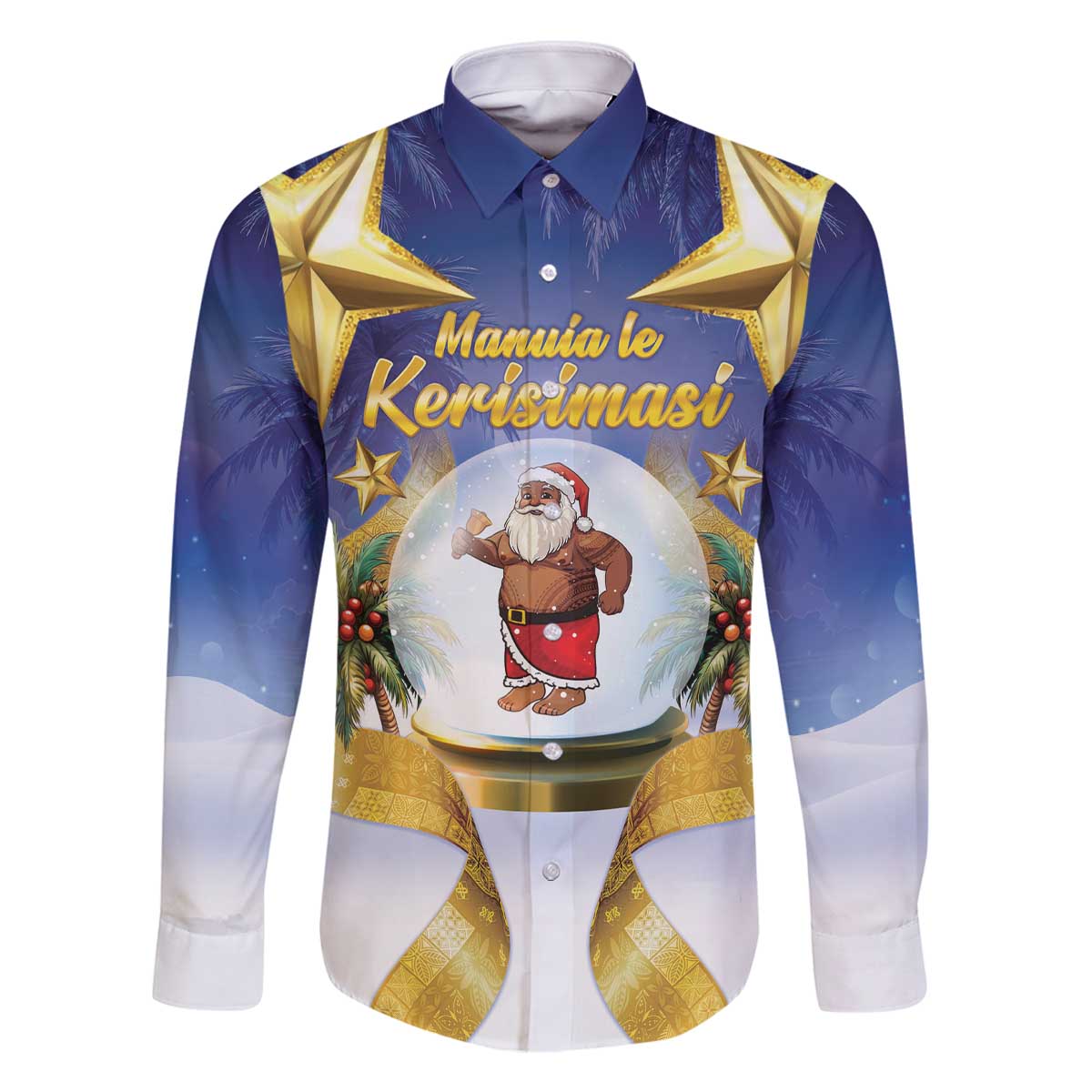Samoa Christmas Family Matching Off The Shoulder Long Sleeve Dress and Hawaiian Shirt Snow Globe With Samoan Santa LT05 Dad's Shirt - Long Sleeve Navy - Polynesian Pride