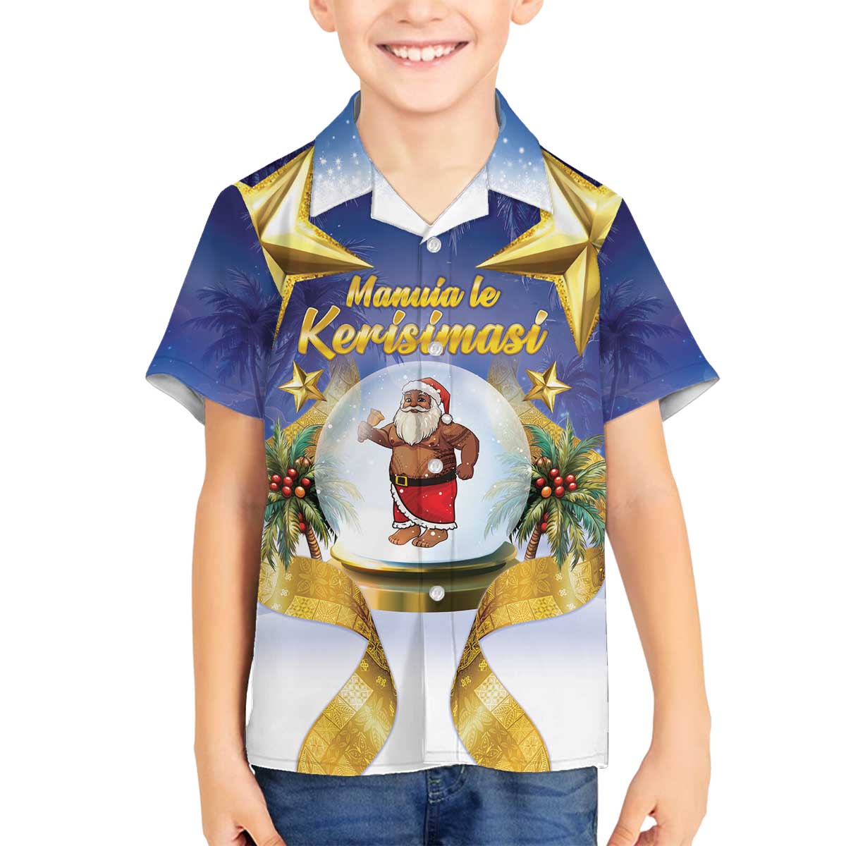 Samoa Christmas Family Matching Off The Shoulder Long Sleeve Dress and Hawaiian Shirt Snow Globe With Samoan Santa LT05 Son's Shirt Navy - Polynesian Pride