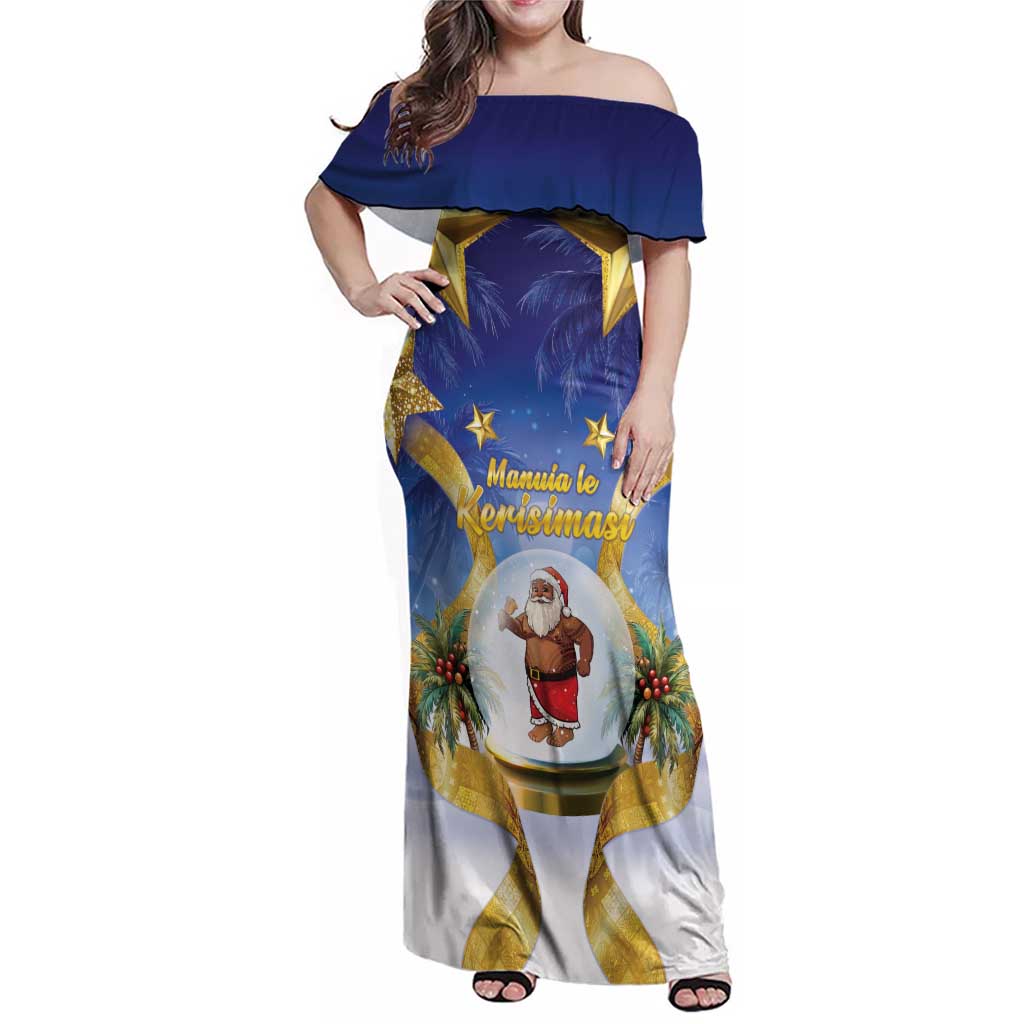 Samoa Christmas Family Matching Off Shoulder Maxi Dress and Hawaiian Shirt Snow Globe With Samoan Santa LT05 Mom's Dress Navy - Polynesian Pride