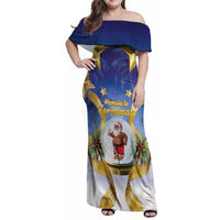 Samoa Christmas Family Matching Off Shoulder Maxi Dress and Hawaiian Shirt Snow Globe With Samoan Santa LT05 Mom's Dress Navy - Polynesian Pride